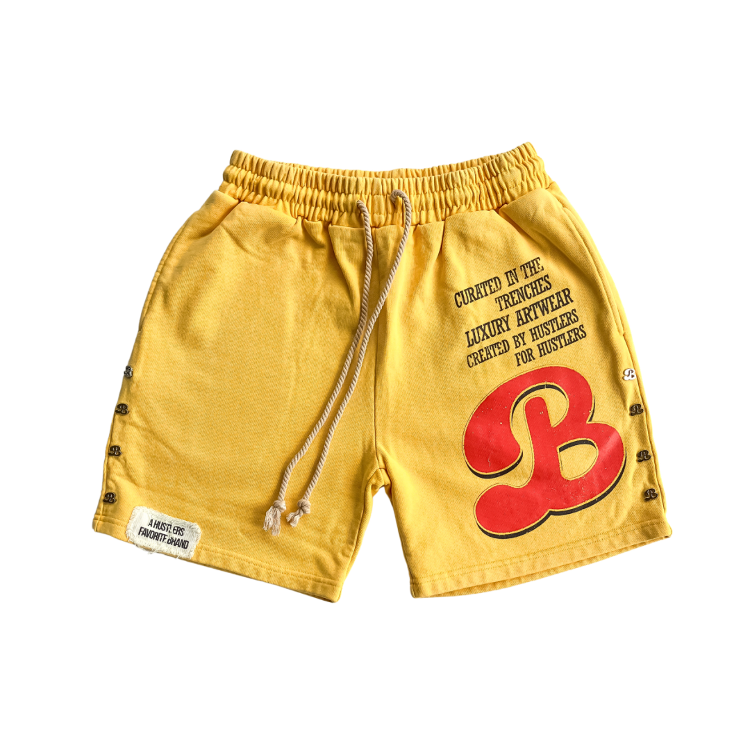 “For The Hustlers” Vintage Wash Shorts - Yellow